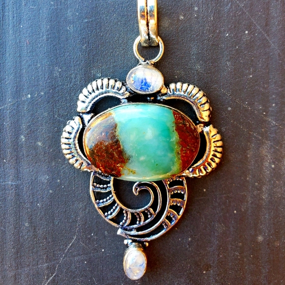 New Chrysoprase & Rainbow Moonstone 925 Silver Pendant - Picture 1 of 16